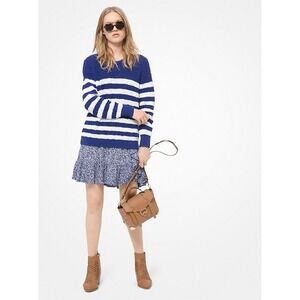 Michael Kors Blue White Striped Knit Crew Neck Sweater Size M NWT